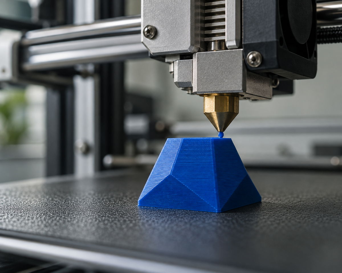 AI-genererad miljöbild av ett 3D-skrivarmunstycke som bygger en blå form lager för lager